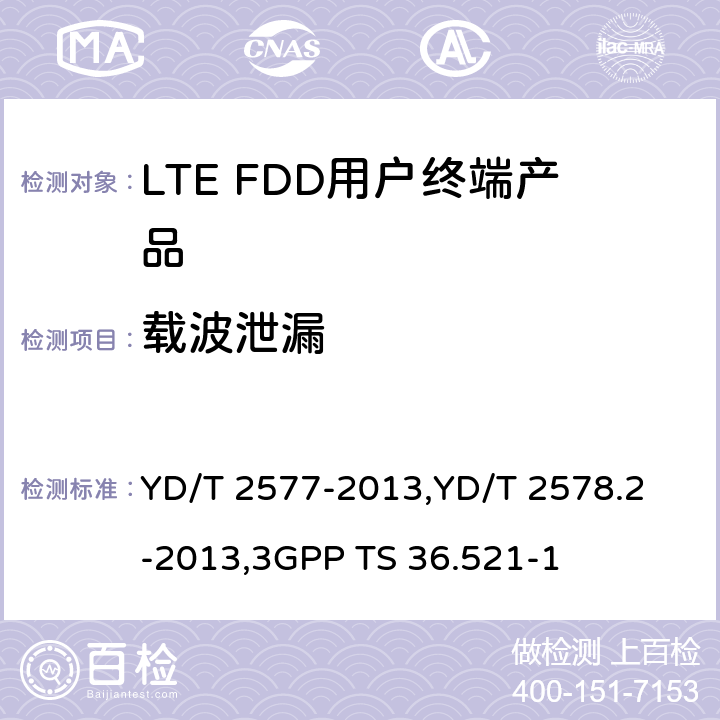 载波泄漏 《LTE FDD数字蜂窝移动通信网终端设备技术要求(第一阶段) 》,《LTE FDD数字蜂窝移动通信网终端设备测试方法(第一阶段)第2部分:无线射频性能测试》,《3GPP技术规范组无线电接入网改进型通用地面无线电接入（E-UTRA）用户设备（UE）一致性规范 无线电传输和接收 第1部分：一致性测试》 YD/T 2577-2013,
YD/T 2578.2-2013,
3GPP TS 36.521-1 8.2.4.2.3,5.4.2.3,6.5.2.2