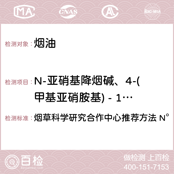 N-亚硝基降烟碱、4-(甲基亚硝胺基) - 1 - (3 - 吡啶基) -1 - 丁酮、N-亚硝基假木贼碱、N-亚硝基新烟碱 烟草科学研究合作中心推荐方法 N°72（2016） 烟草产品中特定亚硝胺的测定 液质联用法 