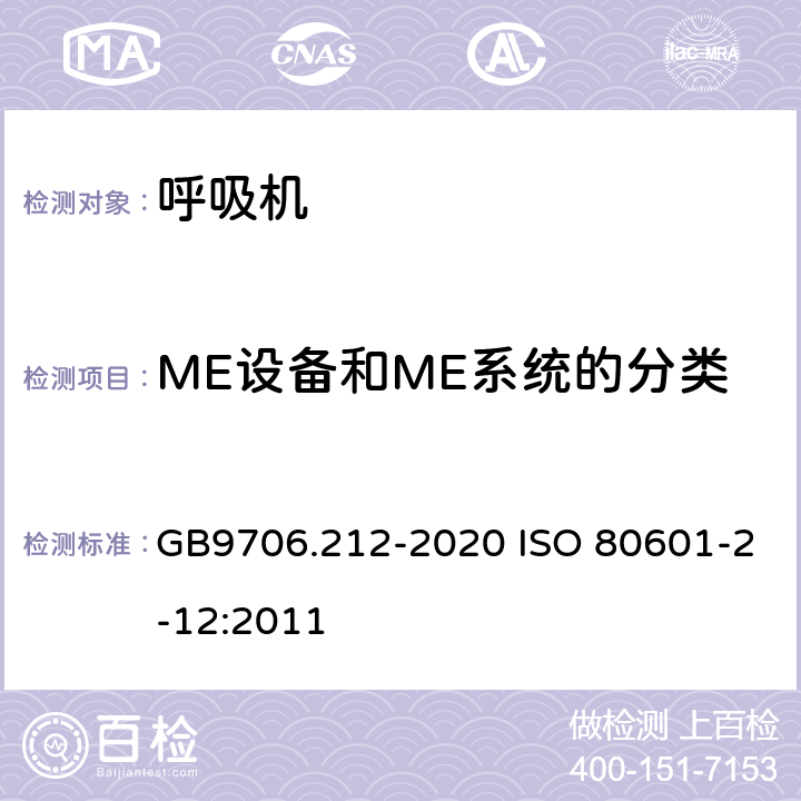 ME设备和ME系统的分类 医用电气设备 第2-12部分：重症护理呼吸机的基本安全和基本性能专用要求 GB9706.212-2020 ISO 80601-2-12:2011 201.6