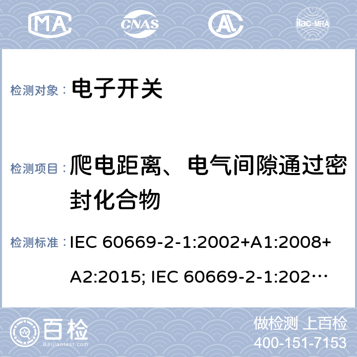 爬电距离、电气间隙通过密封化合物 IEC 60669-2-1-2002 家用和类似用途固定式电气装置的开关 第2-1部分:特殊要求 电子开关