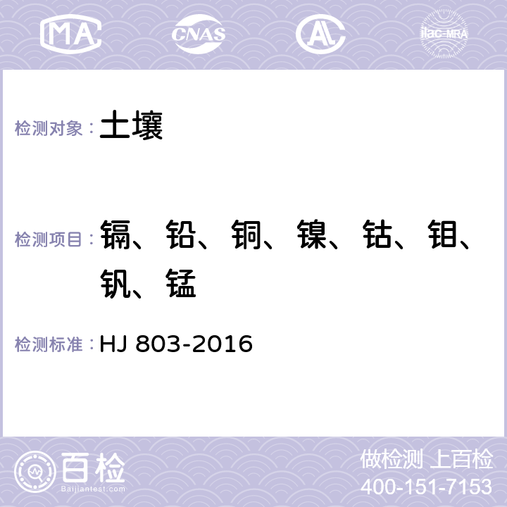 镉、铅、铜、镍、钴、钼、钒、锰 土壤和沉积物 12种金属元素的测定 王水提取-电感耦合等离子体质谱法 HJ 803-2016