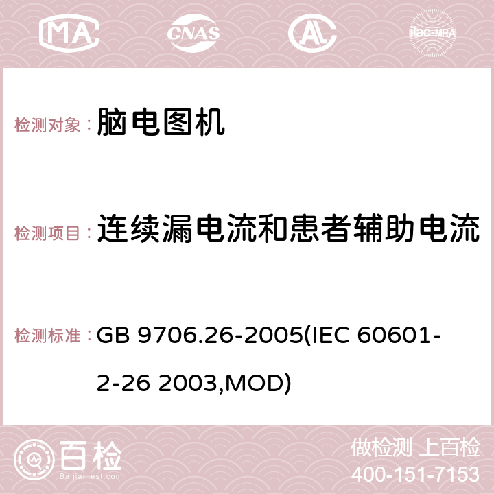 连续漏电流和患者辅助电流 《医用电气设备 第2-26部分：脑电图机安全专用要求》 GB 9706.26-2005
(IEC 60601-2-26 2003,MOD) 19