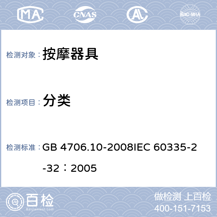 分类 家用和类似用途电器的安全 按摩器具的特殊要求 GB 4706.10-2008
IEC 60335-2-32：2005 6