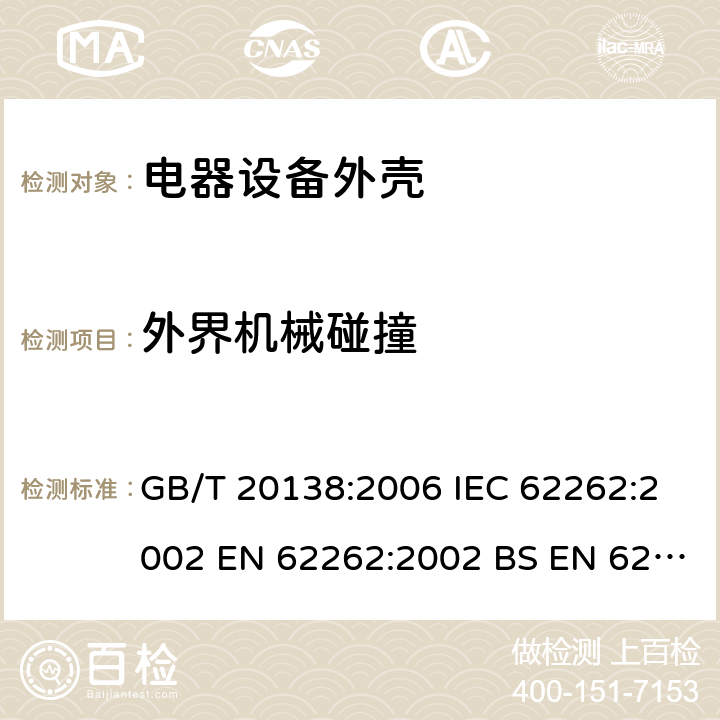 外界机械碰撞 GB/T 20138-2006 电器设备外壳对外界机械碰撞的防护等级(IK代码)