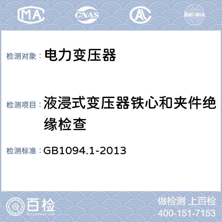 液浸式变压器铁心和夹件绝缘检查 电力变压器:总则 GB1094.1-2013 11.1