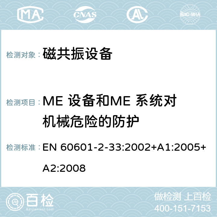ME 设备和ME 系统对机械危险的防护 医用电气设备第2-33部分： 医疗诊断用磁共振设备安全专用要求 EN 60601-2-33:2002+A1:2005+A2:2008 21, 22, 24, 26
