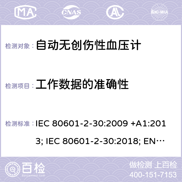 工作数据的准确性 医用电气设备：第2-30部分：自动非入侵式血压测量计的基本安全和基本性能用特殊要求 IEC 80601-2-30:2009 +A1:2013; IEC 80601-2-30:2018; EN 80601-2-30:2010+A1:2015;EN IEC 80601-2-30:2019 201.12.1