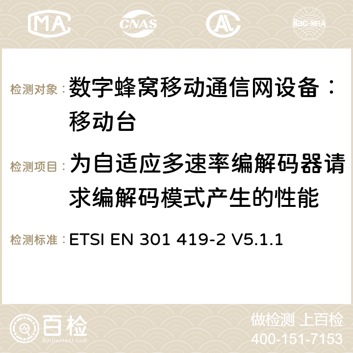 为自适应多速率编解码器请求编解码模式产生的性能 全球移动通信系统(GSM);高速电路转换数据 (HSCSD) 多信道移动台附属要求(GSM 13.34) ETSI EN 301 419-2 V5.1.1 ETSI EN 301 419-2 V5.1.1