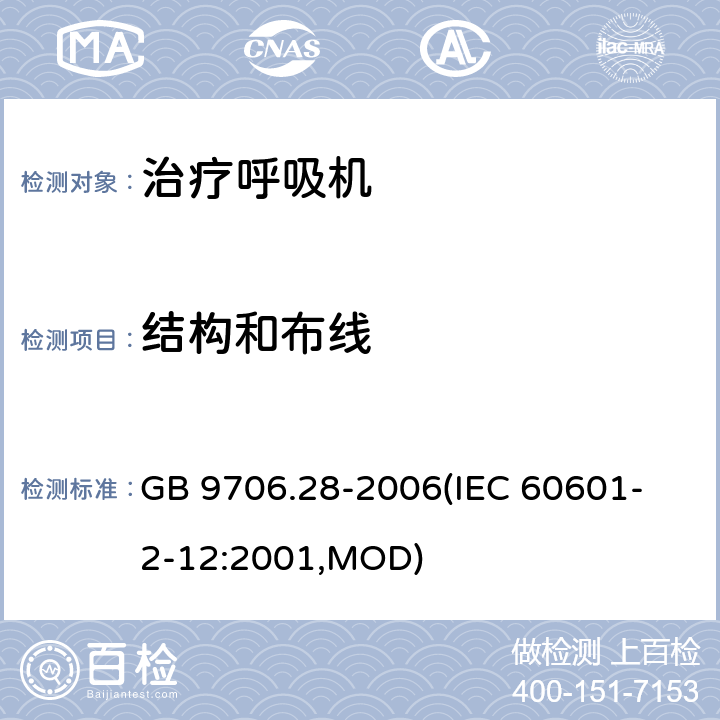 结构和布线 《医用电气设备 第2部分：呼吸机安全专用要求 治疗呼吸机》 GB 9706.28-2006
(IEC 60601-2-12:2001,MOD) 59