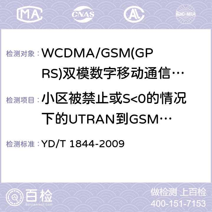 小区被禁止或S<0的情况下的UTRAN到GSM的小区重选 WCDMA/GSM(GPRS)双模数字移动通信终端技术要求和测试方法（第三阶段） YD/T 1844-2009 8.7.2