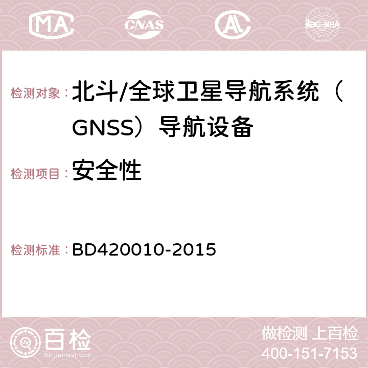 安全性 北斗/全球卫星导航系统（GNSS）导航设备通用规范 BD420010-2015 4.5