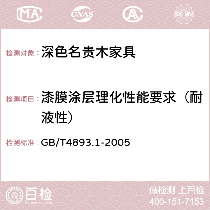 漆膜涂层理化性能要求（耐液性） 家具表面耐冷液测定法 GB/T4893.1-2005