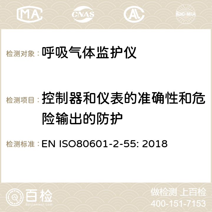 控制器和仪表的准确性和危险输出的防护 医用电气设备 第2-55部分：呼吸气体监护仪的基本性能和基本安全专用要求 EN ISO
80601-2-55: 2018 201.12