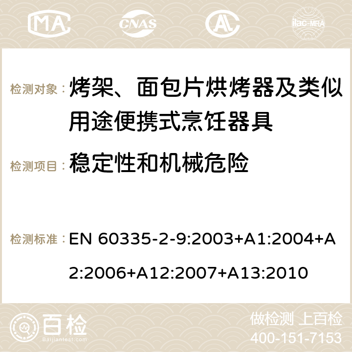 稳定性和机械危险 家用和类似用途电器的安全 烤架、面包片烘烤器及类似用途便携式烹饪器具的特殊要求 EN 60335-2-9:2003+A1:2004+A2:2006+A12:2007+A13:2010 20