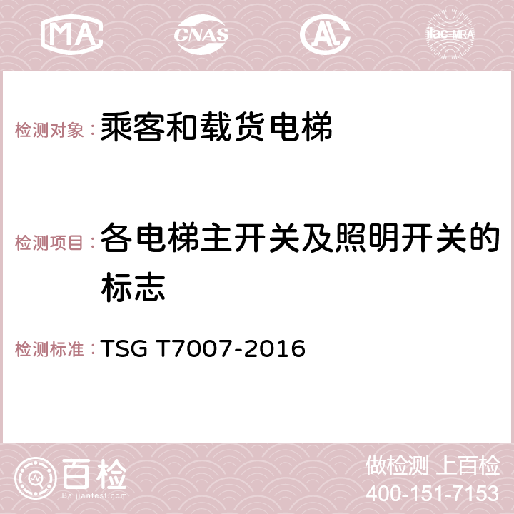 各电梯主开关及照明开关的标志 电梯型式试验规则及第1号修改单 附件H 乘客和载货电梯型式试验要求 TSG T7007-2016 H6.3.12.5