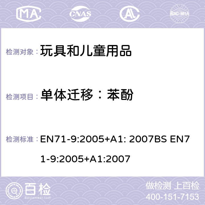 单体迁移：苯酚 玩具安全标准 第9部分 有机化合物的要求 EN71-9:2005+A1: 2007
BS EN71-9:2005+A1:2007