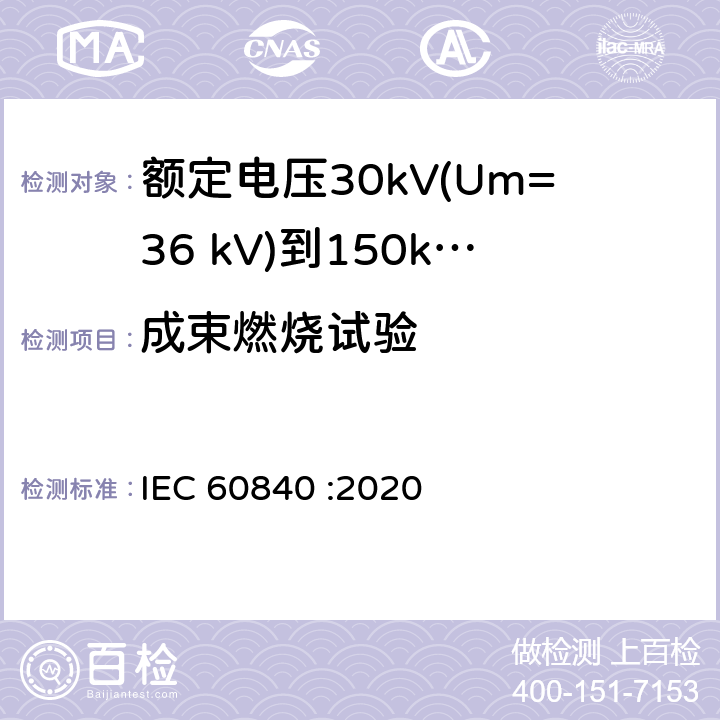 成束燃烧试验 额定电压30kV(Um=36 kV)到150kV(Um=170 kV)挤包绝缘电力电缆及其附件 试验方法和要求 IEC 60840 :2020 12.5.1m),12.5.14.3