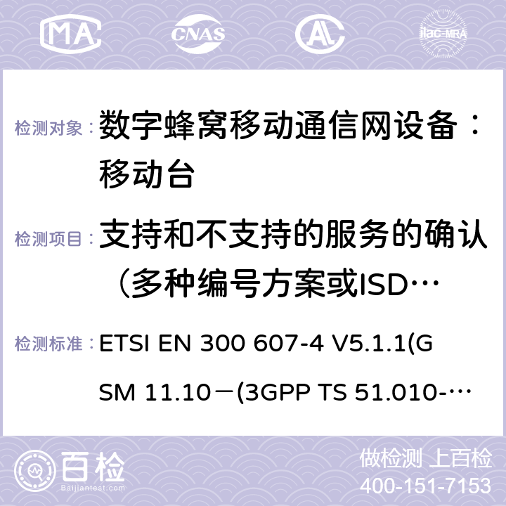 支持和不支持的服务的确认（多种编号方案或ISDN ） ETSI EN 300 607 数字蜂窝通信系统 移动台一致性规范（第四部分）：STK 一致性规范 -4 V5.1.1（GSM 11.10－4）（3GPP TS 51.010-4.7.0） -4 V5.1.1
(GSM 11.10－
(3GPP TS 51.010-4.7.0)