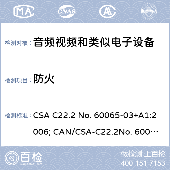 防火 音频、视频及类似电子设备 安全要求 CSA C22.2 No. 60065-03+A1:2006; CAN/CSA-C22.2
No. 60065: 16 20