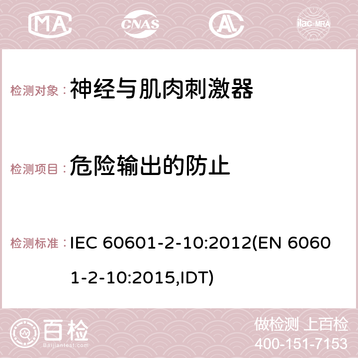 危险输出的防止 医用电气设备 第2-10部分：神经和肌肉刺激器的基本安全和主要性能专用要求 IEC 60601-2-10:2012(EN 60601-2-10:2015,IDT) 201.12.4