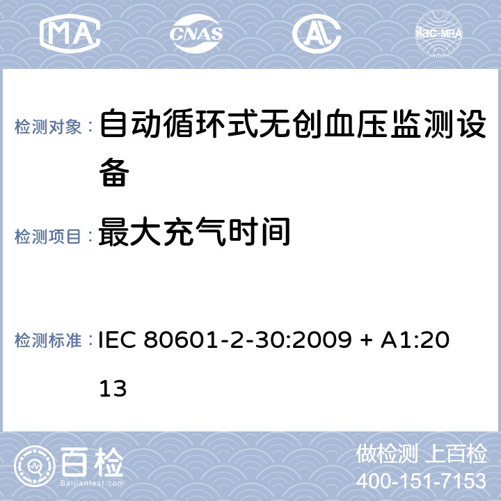 最大充气时间 医用电气设备 第2-30部分 专用要求：自动循环式无创血压监测设备的安全，含基本性能 IEC 80601-2-30:2009 + A1:2013 201.104