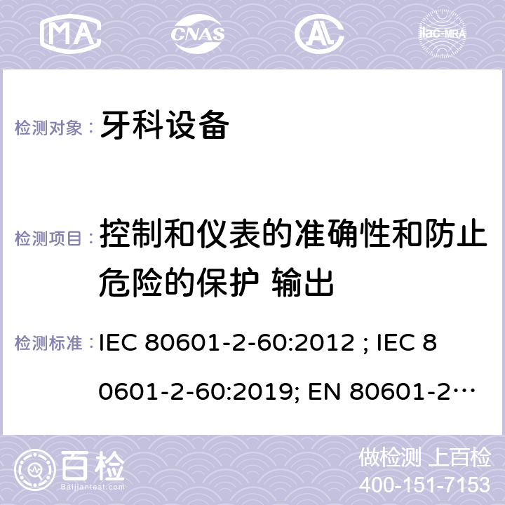 控制和仪表的准确性和防止危险的保护 输出 医疗电气设备 第2-60部分:牙科设备的基本安全和基本性能用特殊要求 IEC 80601-2-60:2012 ; IEC 80601-2-60:2019; EN 80601-2-60:2015; EN IEC 80601-2-60:2020 201.12