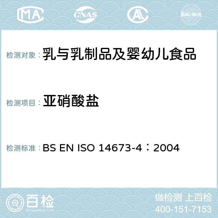 亚硝酸盐 ISO 14673-4:2004 乳与乳制品中硝酸盐和亚硝酸的测定 第3部分：镉柱还原和在线流动注射分析（常规法） BS EN ISO 14673-4：2004