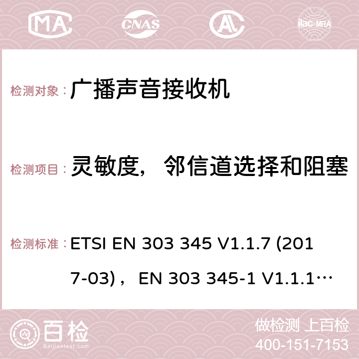 灵敏度，邻信道选择和阻塞 “广播声音接收机;协调标准涵盖基本要求的第3.2条第3.2 / 53 / EU“ ETSI EN 303 345 V1.1.7 (2017-03) ，EN 303 345-1 V1.1.1 (2019-06)，EN 303 345-2 V1.1.1 (2020-02)， EN 303 345-3 V1.1.0 (2019-11) 4.2，4.3