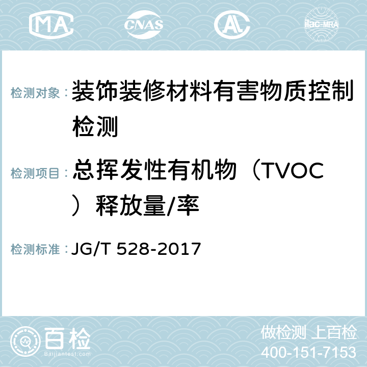 总挥发性有机物（TVOC）释放量/率 建筑装饰装修材料挥发性有机物释放率测试方法——测试舱法 JG/T 528-2017