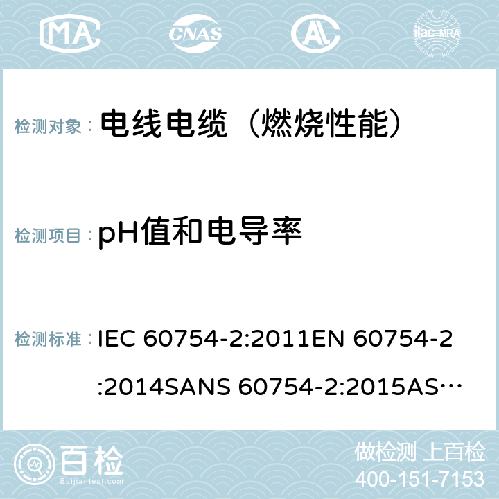 pH值和电导率 取自电缆或光缆的材料燃烧时释出气体的试验方法 第2部分:用测量pH值和导电率来测定气体的酸度 IEC 60754-2:2011
EN 60754-2:2014
SANS 60754-2:2015
AS/NZS IEC 60754.2:2017