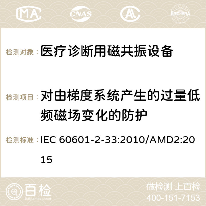 对由梯度系统产生的过量低频磁场变化的防护 医用电气设备 第2-33部分：医疗诊断用磁共振设备安全专用要求 IEC 60601-2-33:2010/AMD2:2015 201.12.4.102