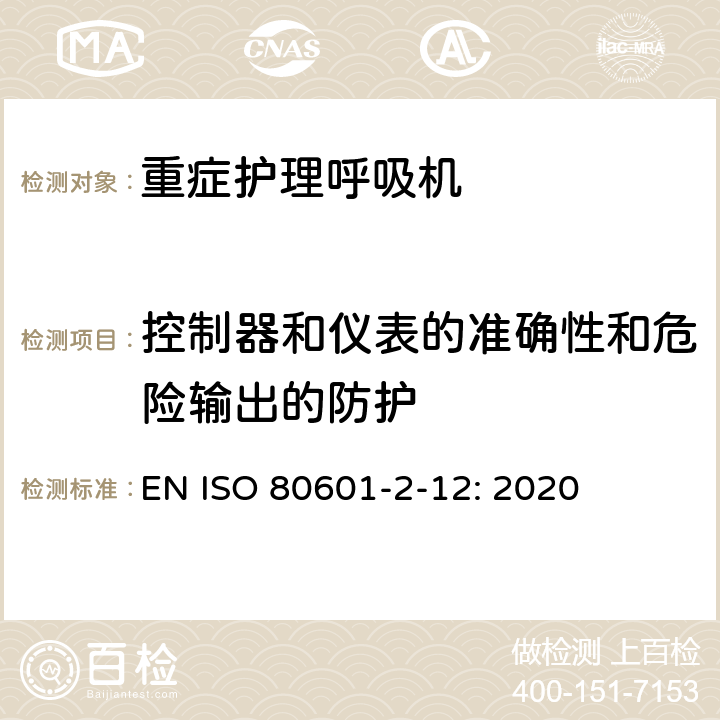 控制器和仪表的准确性和危险输出的防护 医用电气设备 第2-12部分：治疗呼吸机的基本安全和基本性能专用要求 EN ISO 80601-2-12: 2020 201.12