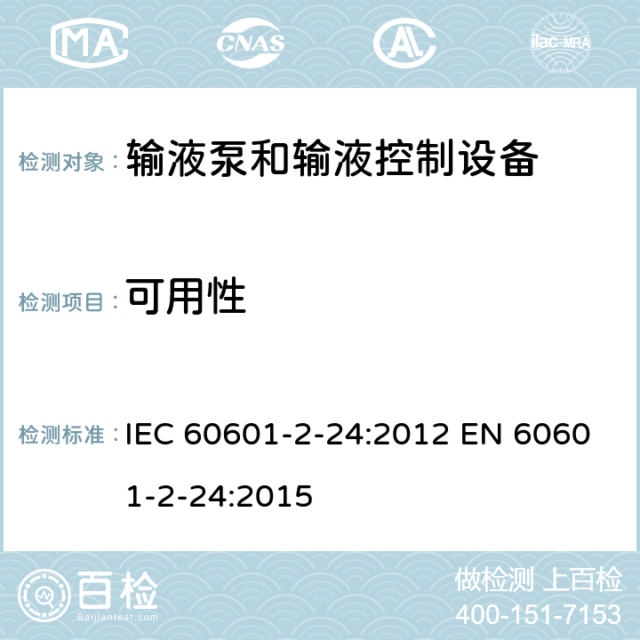 可用性 医用电气设备 第2-24部分：输液泵和输液控制器基本安全和基本性能专用要求 IEC 60601-2-24:2012 EN 60601-2-24:2015 206