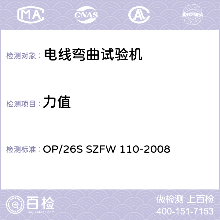 力值 电线弯曲试验机检测方法 OP/26S SZFW 110-2008 5.1.3