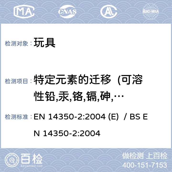 特定元素的迁移  (可溶性铅,汞,铬,镉,砷,硒,锑,钡) 儿童用品-饮用设备-化学要求及检测 EN 14350-2:2004 (E) / BS EN 14350-2:2004 4.4， 5.2