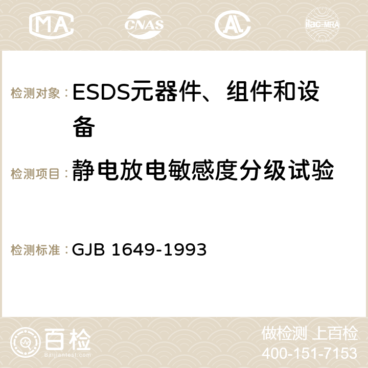 静电放电敏感度分级试验 GJB 1649-1993 电子产品防静电放电控制大纲  5.2， 附录A