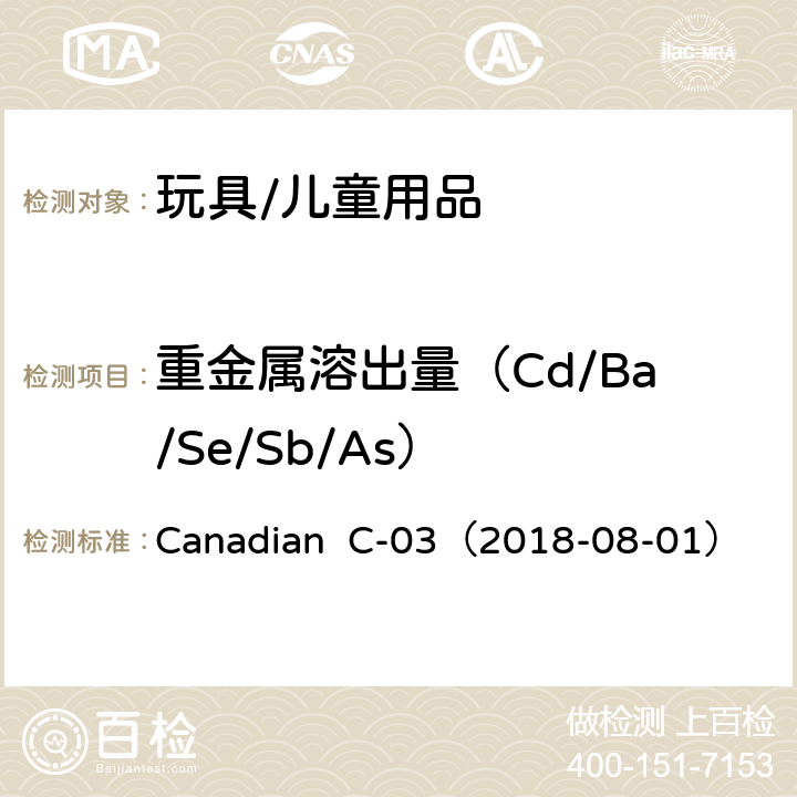 重金属溶出量（Cd/Ba/Se/Sb/As） Canadian  C-03（2018-08-01） 产品安全实验室手册5-实验室方针和流程,B部分：测试方法部分,方法C-03,涂层中的溶出砷、硒、镉、锑、钡的定量方法 Canadian C-03（2018-08-01）