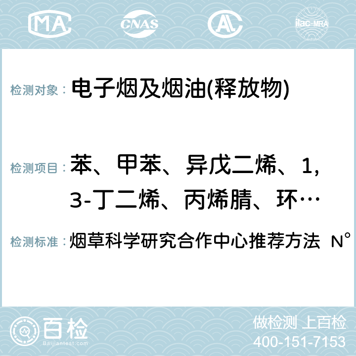 苯、甲苯、异戊二烯、1,3-丁二烯、丙烯腈、环氧丙烷（氧化丙烯） 主流烟气中选择性有机挥发物的测定 气质联用法 烟草科学研究合作中心推荐方法 N°70（2019）