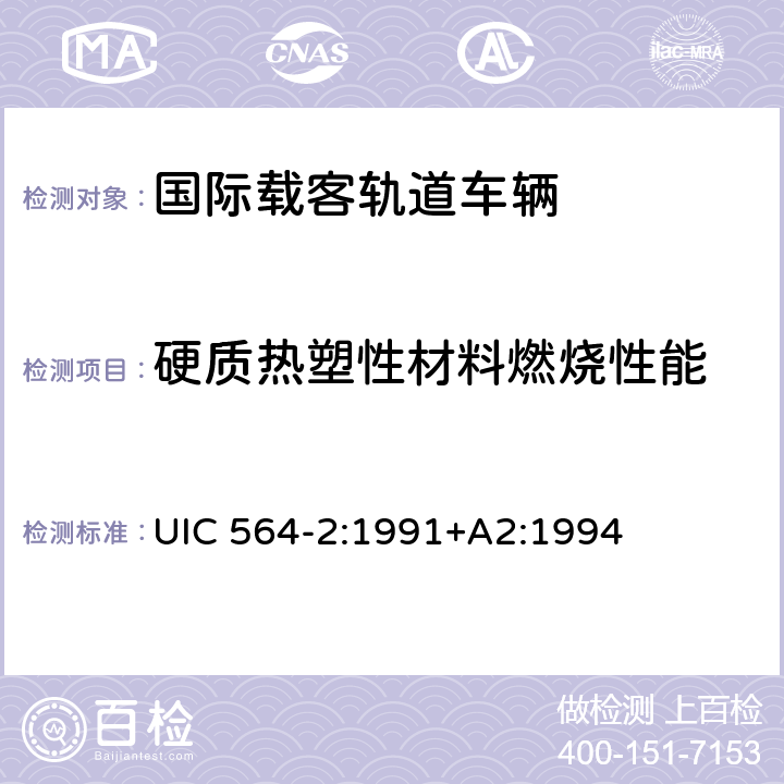 硬质热塑性材料燃烧性能 国际载客轨道车辆防火和消防规范（国际铁盟标准 UIC 564-2:1991+A2:1994 附录11