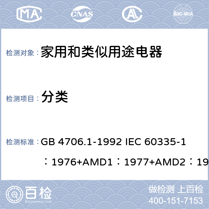 分类 家用和类似用途电器的安全 第1部分：通用要求 GB 4706.1-1992 
IEC 60335-1：1976+AMD1：1977+AMD2：1979+AMD3：1982 6