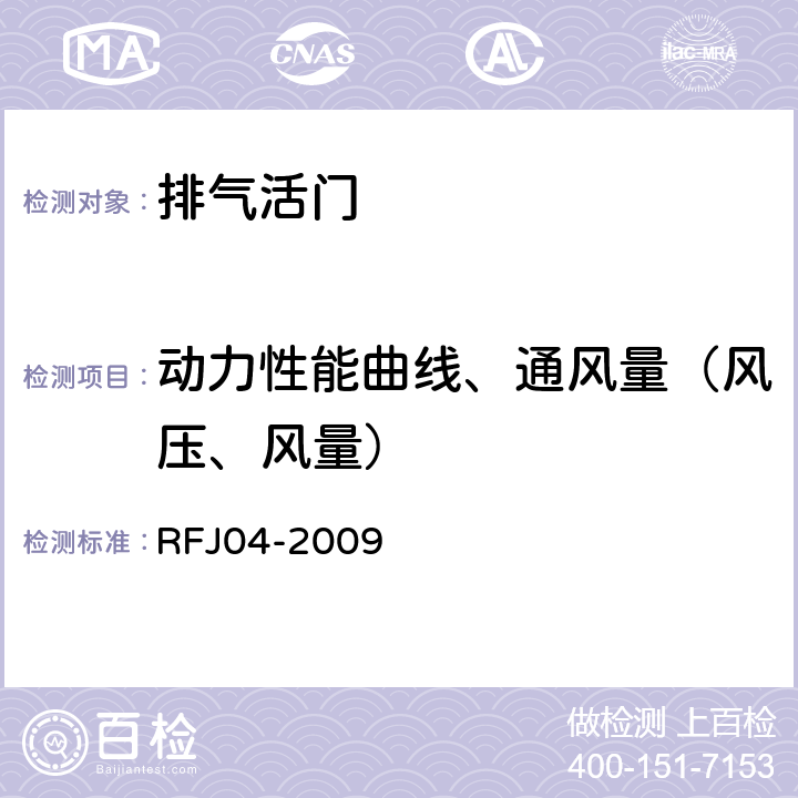 动力性能曲线、通风量（风压、风量） 《人民防空工程防护设备试验测试与质量检测标准》 RFJ04-2009 （6）