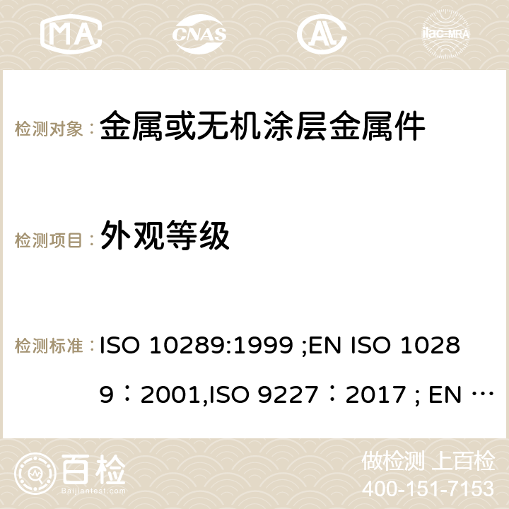 外观等级 金属表面上的金属或其它无机涂层腐蚀方法 - 腐蚀后样品和人工制品的评估 人造环境腐蚀测试 - 盐雾测试 ISO 10289:1999 ;EN ISO 10289：2001,ISO 9227：2017 ; EN ISO 9227：2017 BS EN ISO 9227：2017