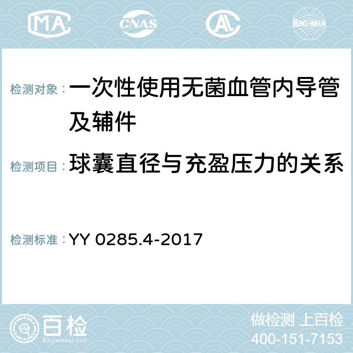 球囊直径与充盈压力的关系 血管内导管 一次性使用无菌导管 第4部分：球囊扩张导管 YY 0285.4-2017 （4.4.4）