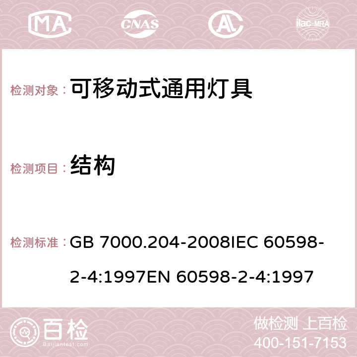 结构 灯具 第2-4部分:特殊要求 可移动式通用灯具 GB 7000.204-2008
IEC 60598-2-4:1997
EN 60598-2-4:1997 6