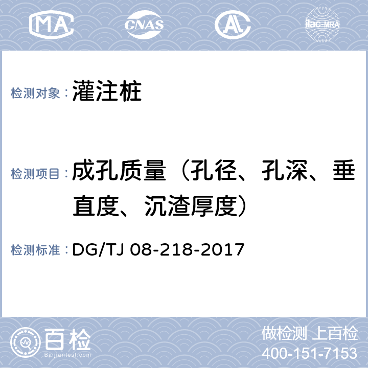 成孔质量（孔径、孔深、垂直度、沉渣厚度） 《建筑地基与基桩检测技术规程》 DG/TJ 08-218-2017 （附录A）