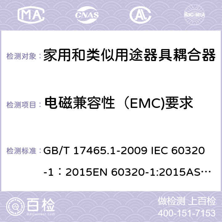 电磁兼容性（EMC)要求 家用和类似用途器具耦合器 第1部分： 通用要求 GB/T 17465.1-2009 IEC 60320-1：2015
EN 60320-1:2015
AS/NZS 60320.1：2012 29