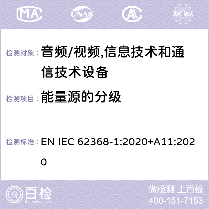 能量源的分级 音频/视频,信息技术和通信技术设备 第1部分:安全要求 EN IEC 62368-1:2020+A11:2020 4.2