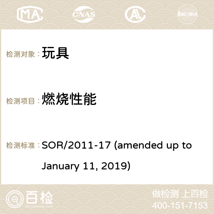 燃烧性能 加拿大消费者产品安全法案 玩具法规 SOR/2011-17 (amended up to January 11, 2019) 33 玩具表面燃烧