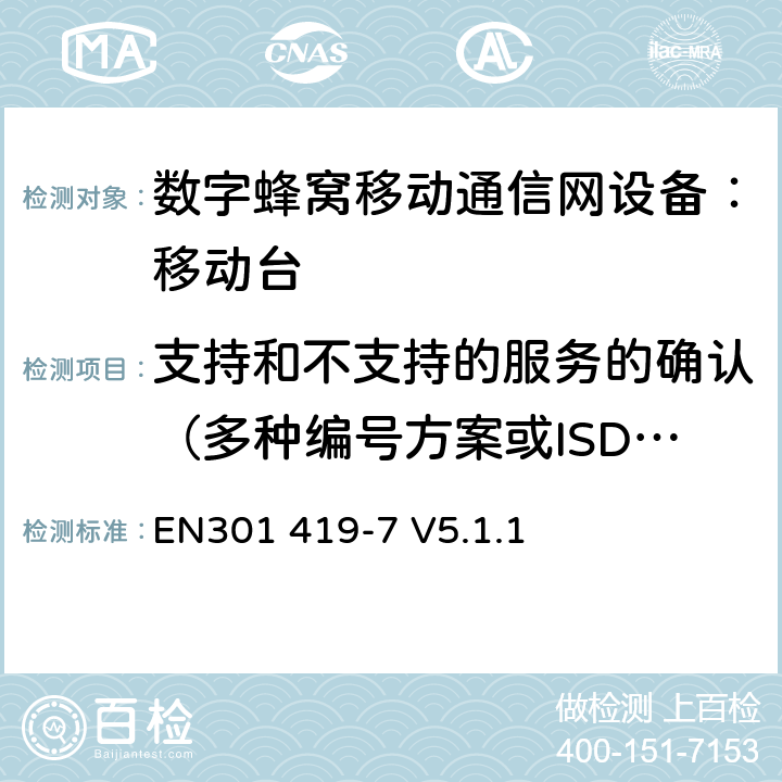 支持和不支持的服务的确认（多种编号方案或ISDN ） 全球移动通信系统(GSM);铁路频段(R-GSM); 移动台附属要求 (GSM 13.67) EN301 419-7 V5.1.1 EN301 419-7 V5.1.1