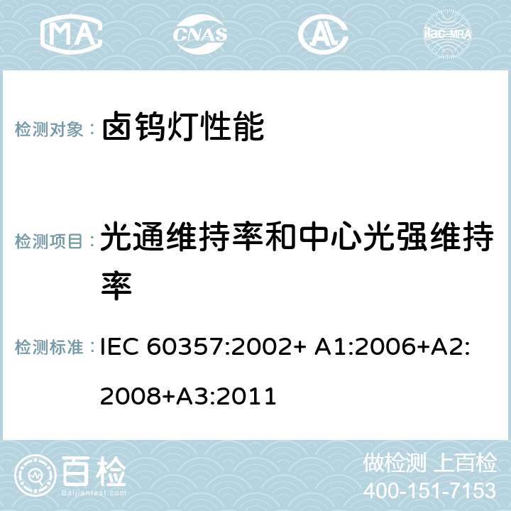 光通维持率和中心光强维持率 卤钨灯(非机动车辆用)性能要求 IEC 60357:2002+ A1:2006+A2:2008+A3:2011 1.4.6